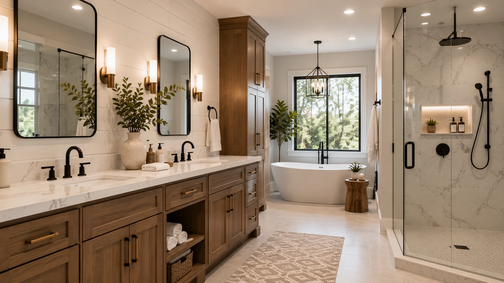 Costa Kitchens bathroom project: Walnut Dual Sink Vanity & Freestanding Bath