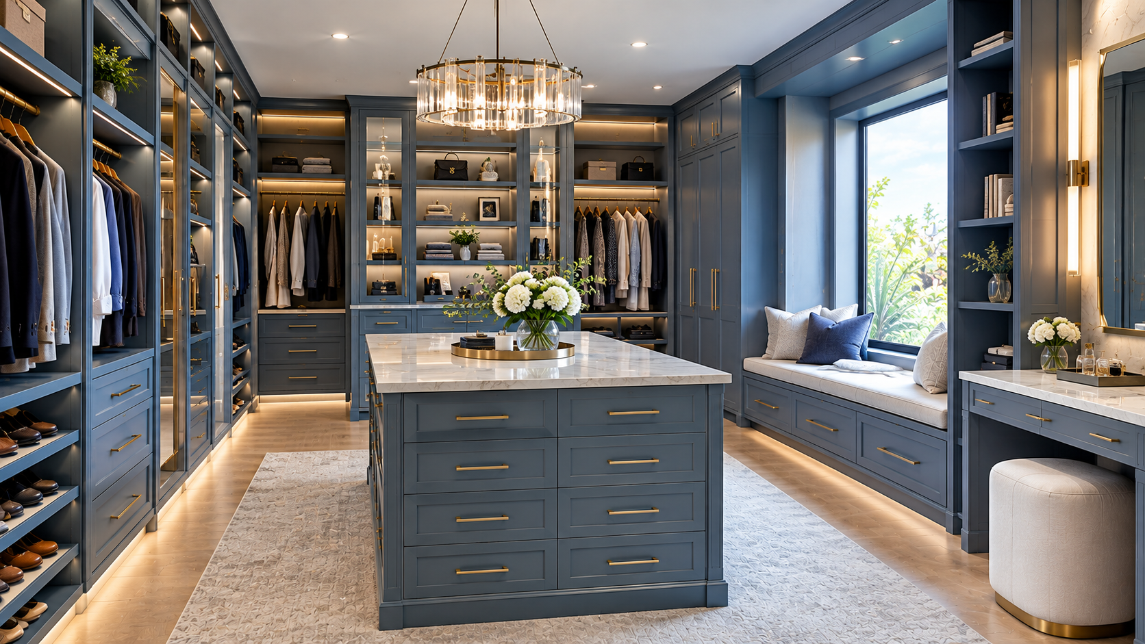 Costa Kitchens closet project: Slate Blue Shaker Closet with Window Bench & Island